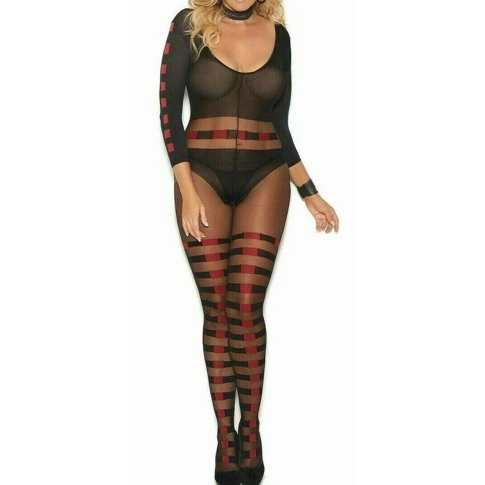 Long Sleeve Bodystocking Sheer and Opaque Women One Size OS Body Stocking
